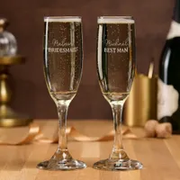 Bridesmaid And Best Man Elegant Script Etched Champagne Flute