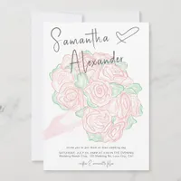 Roses Bouquet Blush Pink Mint Watercolor Wedding  Invitation