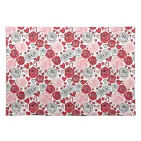 Doodle Art Style Red Pink Roses Hearts Valentine's Cloth Placemat