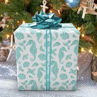 Beach Christmas Seahorse Glitter Aqua White Wrapping Paper