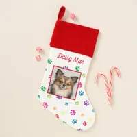 Cute Dog Name & Photo Colorful Paw Prints Christmas Stocking