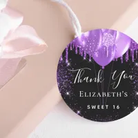 Sweet 16 black purple glitter name thank you classic round sticker