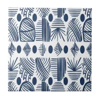 Caribbean Tribal Mudcloth: White, Navy Blue Ceramic Tile