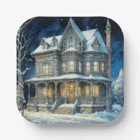 Pretty Illuminated Christmas House Paper Plates