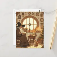 Yule Cat and Witch In Their Den Postcard