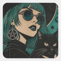 A witch with her black cat Woodblock print Square Sticker