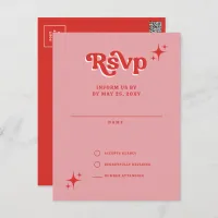 Retro Groovy 70s Cute Pink and Red RSVP Postcard