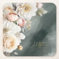 Floral Drama Wedding Green ID1022 Square Paper Coaster