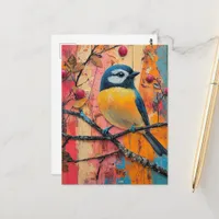Cute Little Bird on a Branch Colorful Postcard