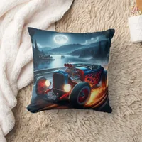 A classic hot rod racing by the moonlit lake throw pillow