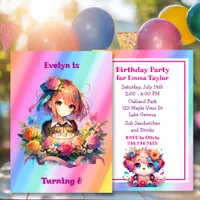 Cute Rainbow Anime Girl's Birthday Party Invitation