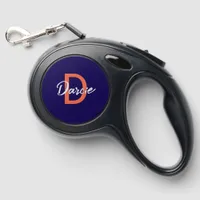 Fun Modern Navy Blue Monogram Initial Dog Name Retractable Pet Leash