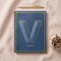 Navy Denim Yellow Stitch Faux Leather V Initial Notebook