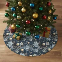 Blue and Gold Christmas Ornaments Poinsettias Brushed Polyester Tree Skirt