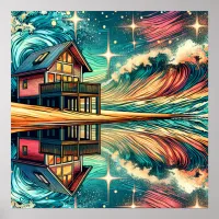 Log Cabin on the Beach Ai Art Poster