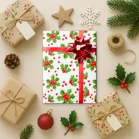 Festive White Holly Red Ribbon Christmas Wrapping Paper
