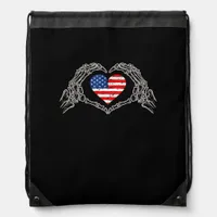 Skeleton Hand Heart 4th Of American Flag Patriotic Drawstring Bag