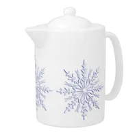 Blue Winter Snowflakes on White Teapot