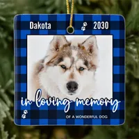 Pet Dog Memorial Blue Plaid In Loving Memory Photo Ceramic Ornament