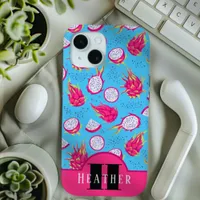 Monogram Pink and Blue Dragon Fruit Pattern Custom iPhone 15 Case