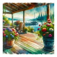 Pretty Lakehouse View Deck and Flowers Acrylic Print