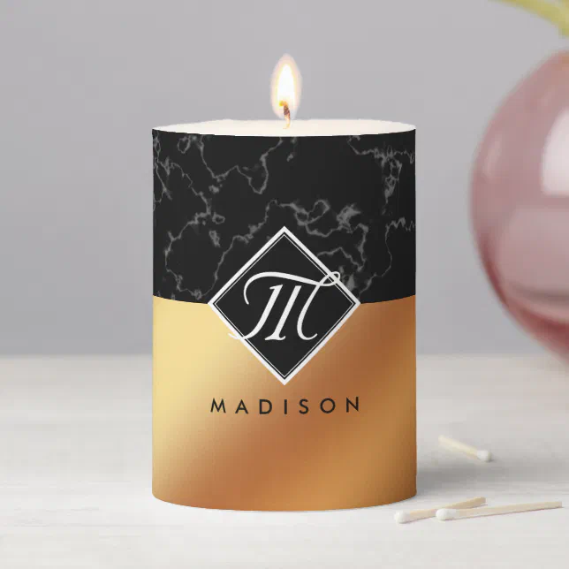 Elegant Black Marble & Copper Foil Monogram Pillar Candle