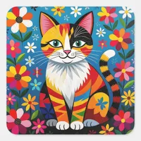 Boho Folk Art Cat, Flowers & Butterfly   Square Sticker