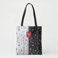 Floral Color Block Pattern Black White & Monogram Tote Bag