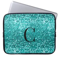 Teal Aqua Turquoise Glitter Sparkle Monogram Laptop Sleeve