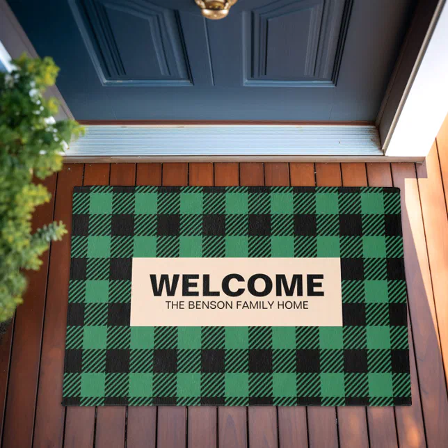 Personalized Welcome Family Home Modern Plaid Door Outdoor Rug