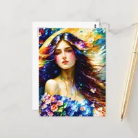 Watercolor Woman With Flowers Postcard