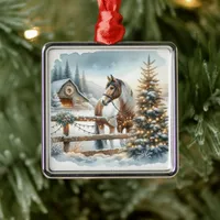 Pretty Brown and White Horse Festive Christmas   Metal Ornament