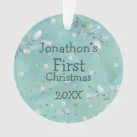 Baby First Christmas Leaves Name Photo Year Teal Ornament