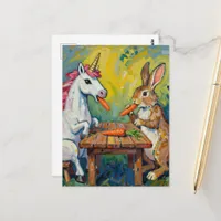 Unicorn and Rabbit Eating Carrots Postcard