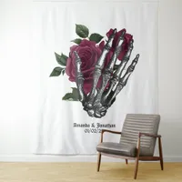Whimsical Burgundy Floral Skeleton Gothic Wedding Tapestry