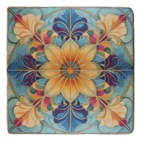 Colorful Floral Tile Pat# Powder Blue Gold ID1078 Trivet