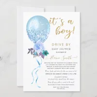 Drive by Floral Balloon Blue Glitter Baby Shower  Invitation