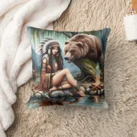 Native American Woman Sitting By River With Bear Throw Pillow