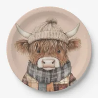 Cute Highland Cow in Hat Boho Cream Paper Plates