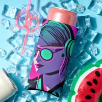 Personalized Lady in Headphones Teal and Pink Seltzer Can Cooler