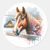 Beautiful Brown Horse on Farm Christmas Classic Round Sticker