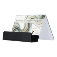 Sleek Sage Gold Marble Modern Realtor Logo QR Code Desk Business Card Holder
