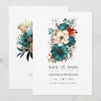 Teal Burnt Orange & Champagne Floral Wedding Save The Date