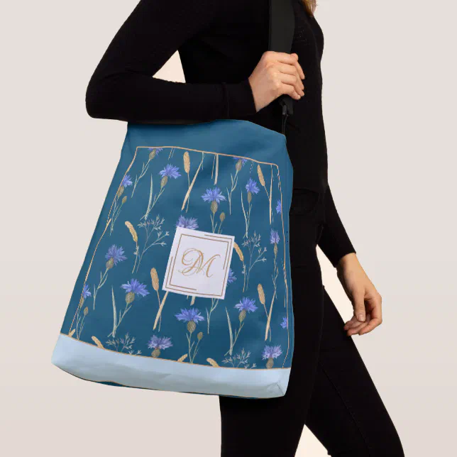 Blue Floral Wildflower Customized Monogram Crossbody Bag