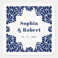 Mexican Navy Blue Talavera Wedding Square Sticker