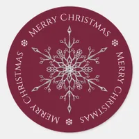 Silver Glitter Snowflake Merry Christmas Burgundy Classic Round Sticker
