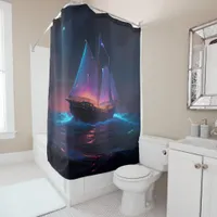 Neon Night on the Sea Classic Chinese Fishing Boat Shower Curtain