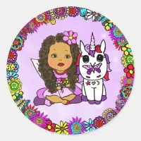 Cute Purple Unicorn and Fairy Floral border Classic Round Sticker