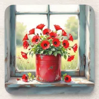 Red Coffee Tin of Red Poppies Beverage Coaster