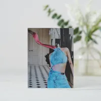 Surreal Flamingo Wearing Blue in a room collage Postcard